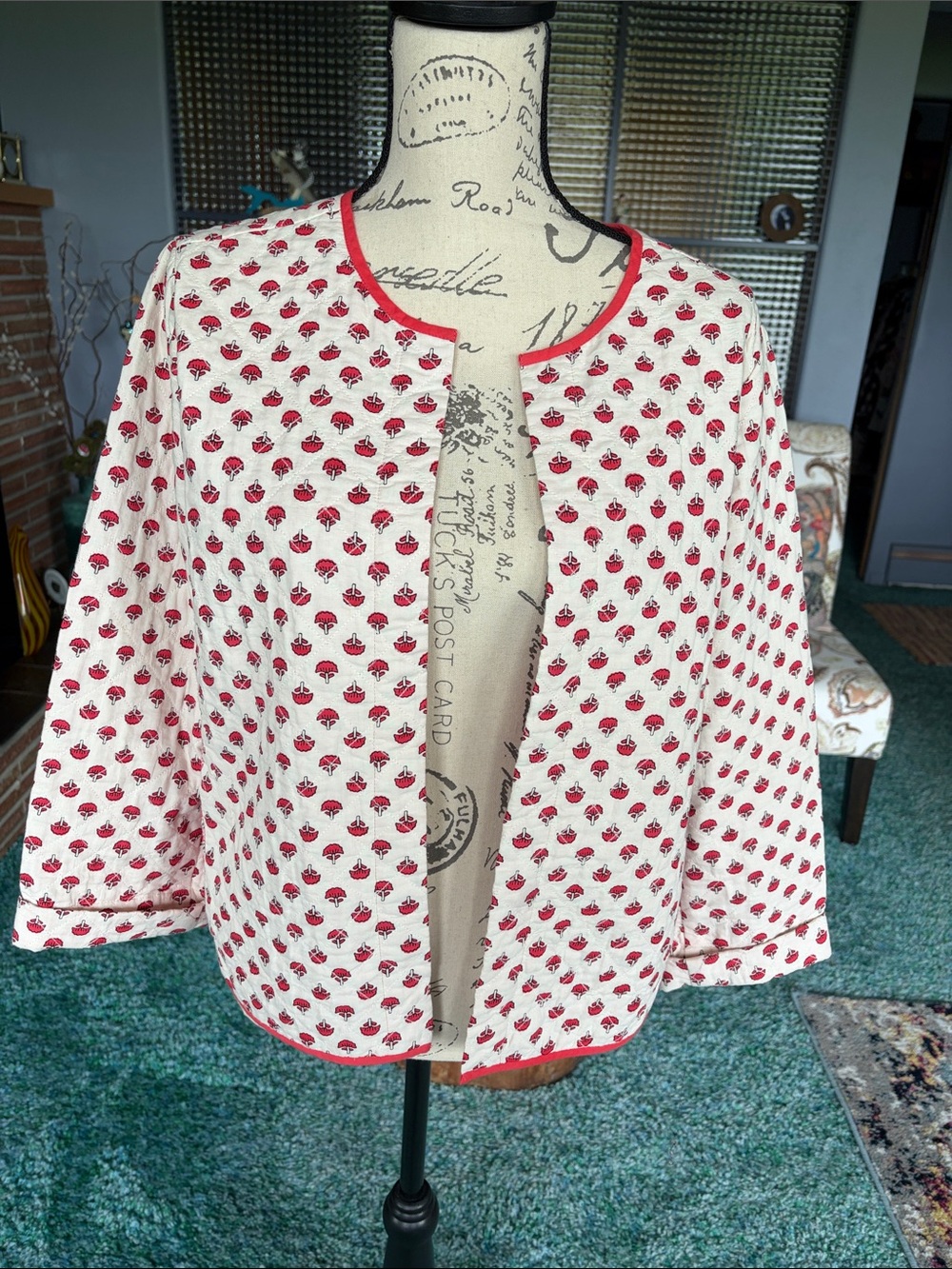 J. Jill Cream and Red Patterned Open Cardigan